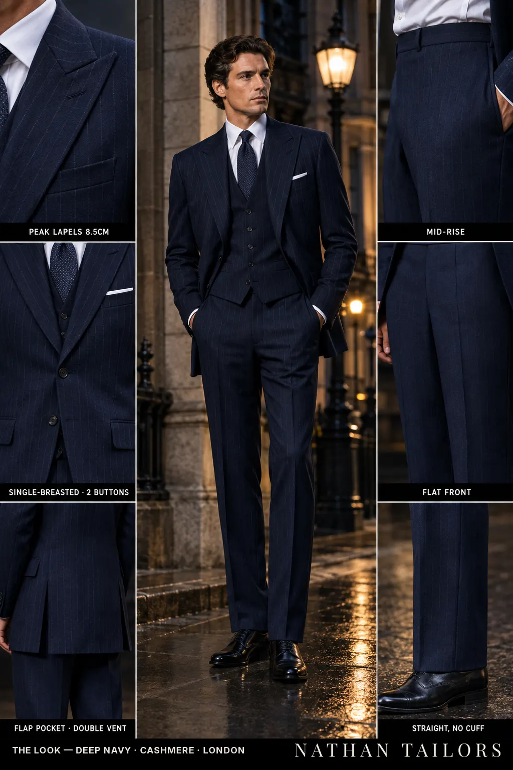 deep navy pinstripe single-breasted bespoke suit — custom tailored by Nathan Tailors, the Hoi An custom tailor