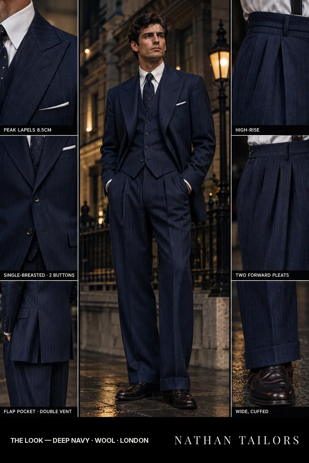 deep navy pinstripe single-breasted peak-lapel bespoke suit — AI-rendered by Nathan Tailors, the Hoi An custom tailor. Available as a custom tailored suit from $149.