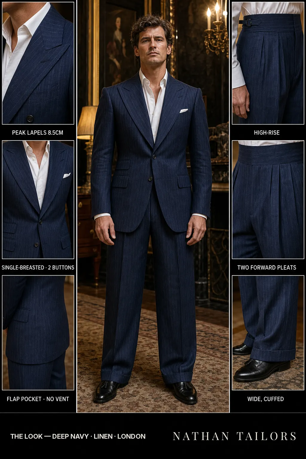 deep navy pinstripe single-breasted peak-lapel bespoke suit โ AI-rendered by Nathan Tailors, the Hoi An custom tailor. Available as a custom tailored suit from $149.