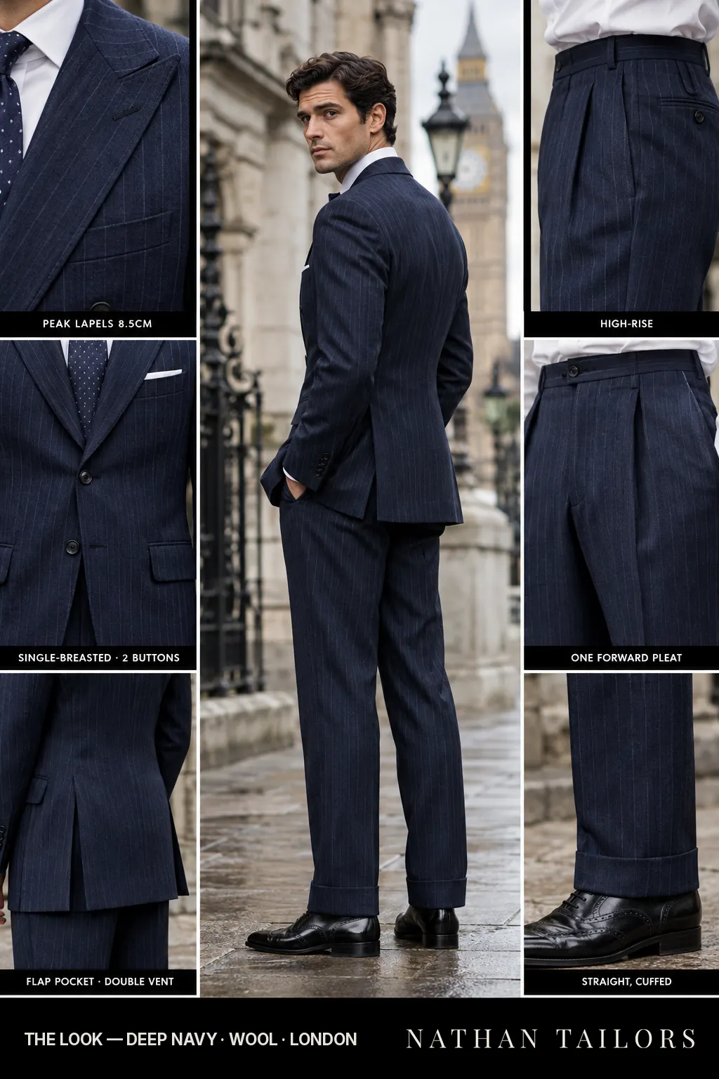 deep navy pinstripe single-breasted bespoke suit โ custom tailored by Nathan Tailors, the Hoi An custom tailor