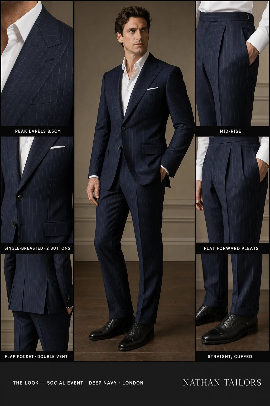 deep navy pinstripe single-breasted peak-lapel bespoke suit — AI-rendered by Nathan Tailors, the Hoi An custom tailor. Available as a custom tailored suit from $149.