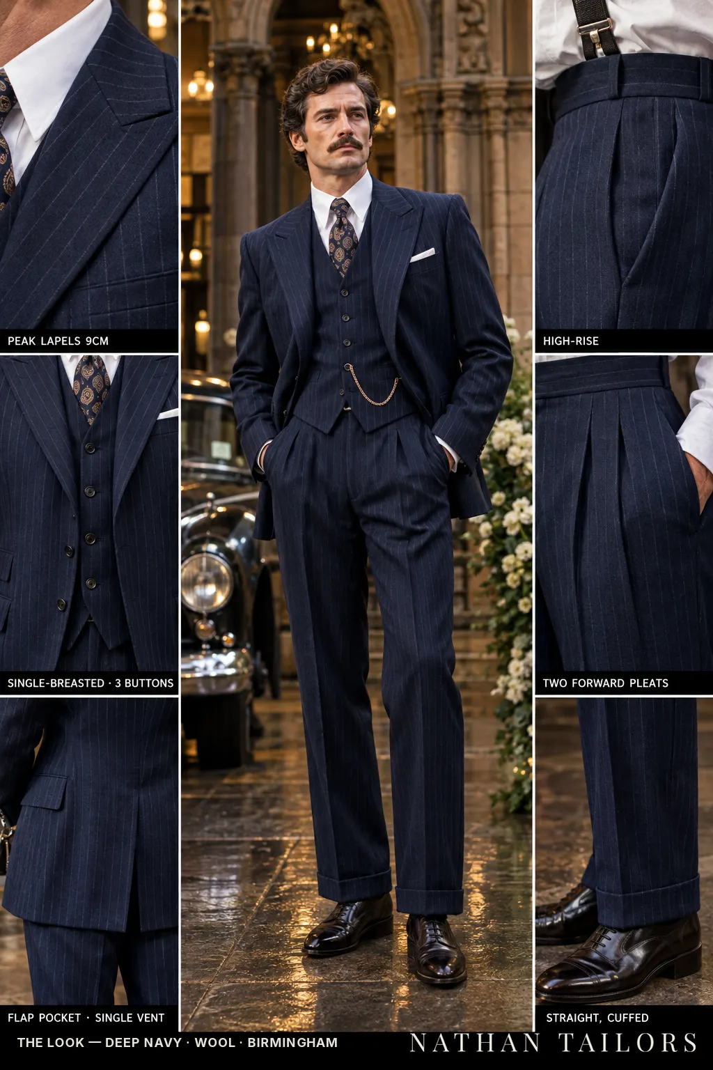 deep navy pinstripe single-breasted bespoke suit โ custom tailored by Nathan Tailors, the Hoi An custom tailor