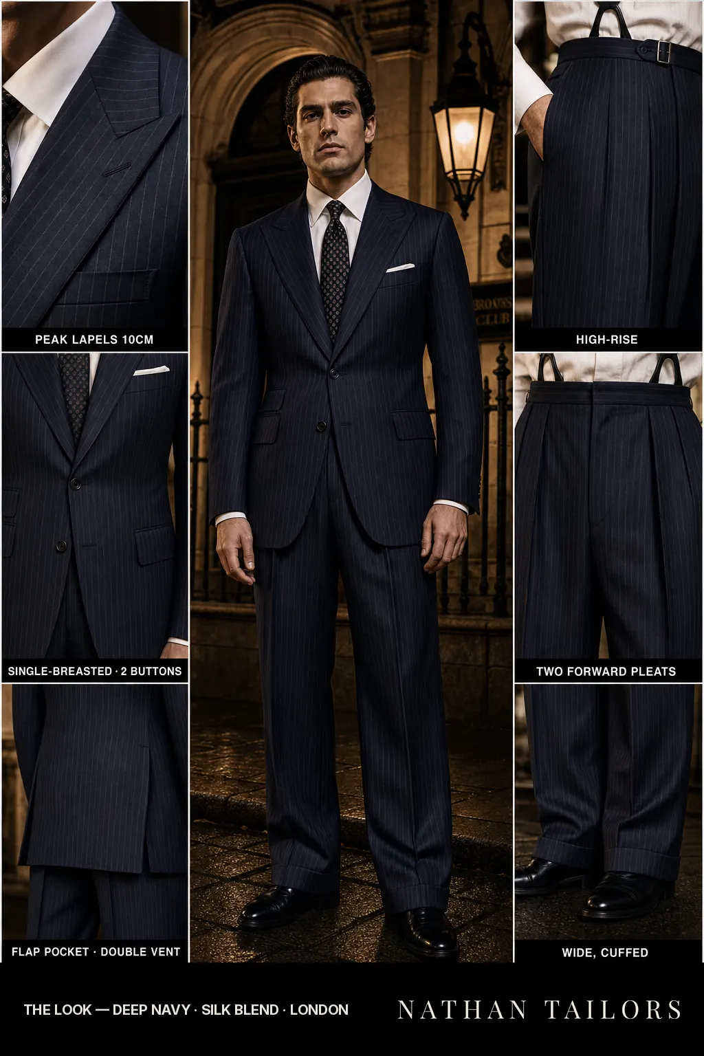 deep navy pinstripe single-breasted bespoke suit — custom tailored by Nathan Tailors, the Hoi An custom tailor