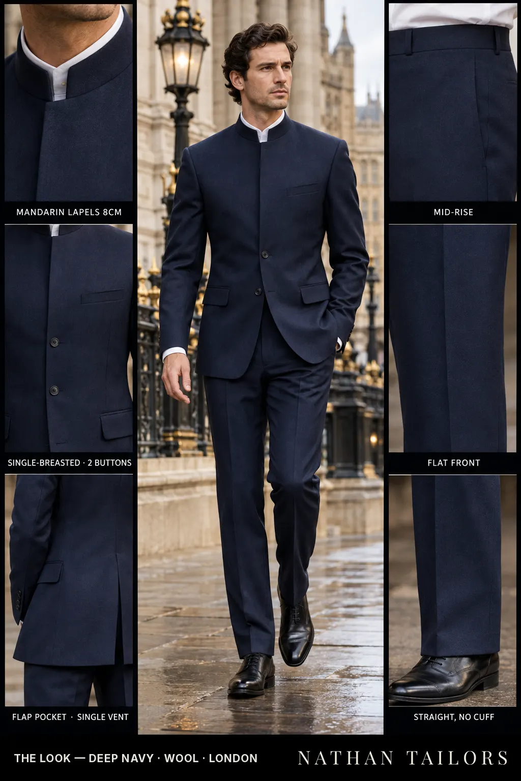 deep navy single-breasted bespoke suit โ custom tailored by Nathan Tailors, the Hoi An custom tailor