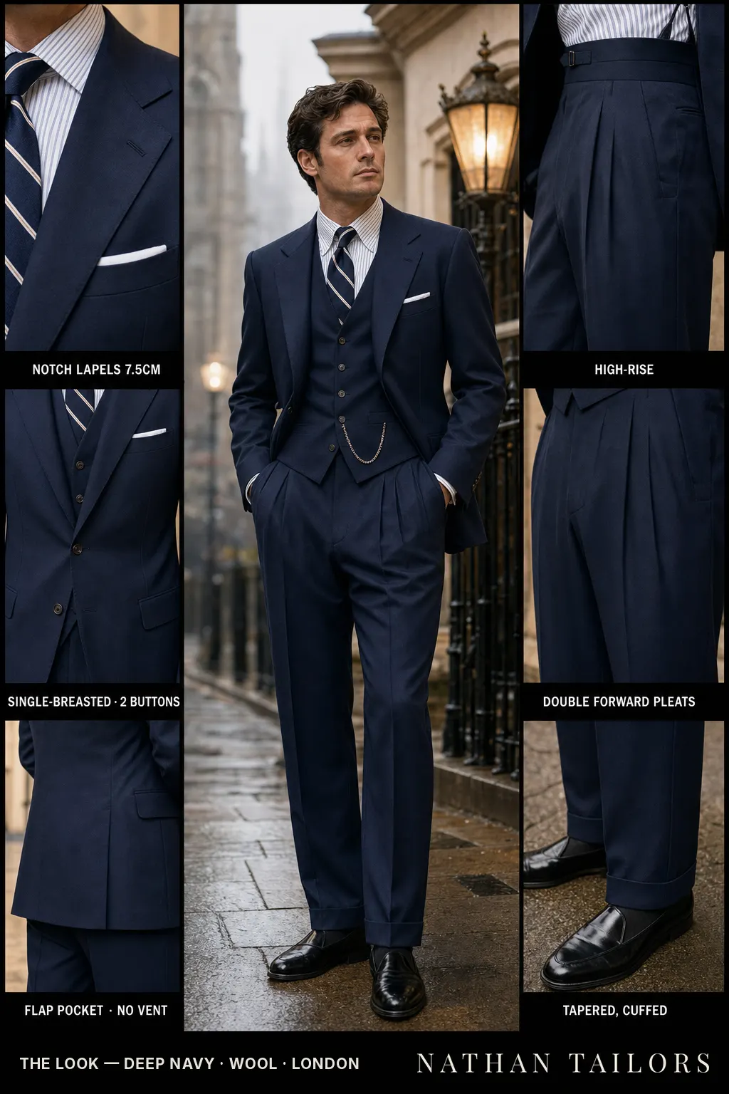 deep navy single-breasted notch-lapel bespoke suit — AI-rendered by Nathan Tailors, the Hoi An custom tailor. Available as a custom tailored suit from $149.