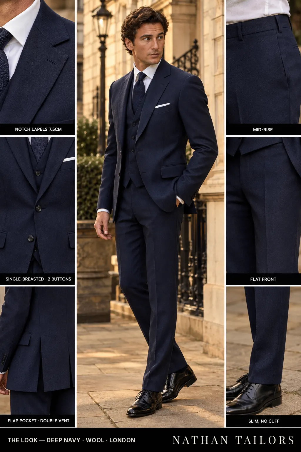 deep navy single-breasted bespoke suit โ custom tailored by Nathan Tailors, the Hoi An custom tailor