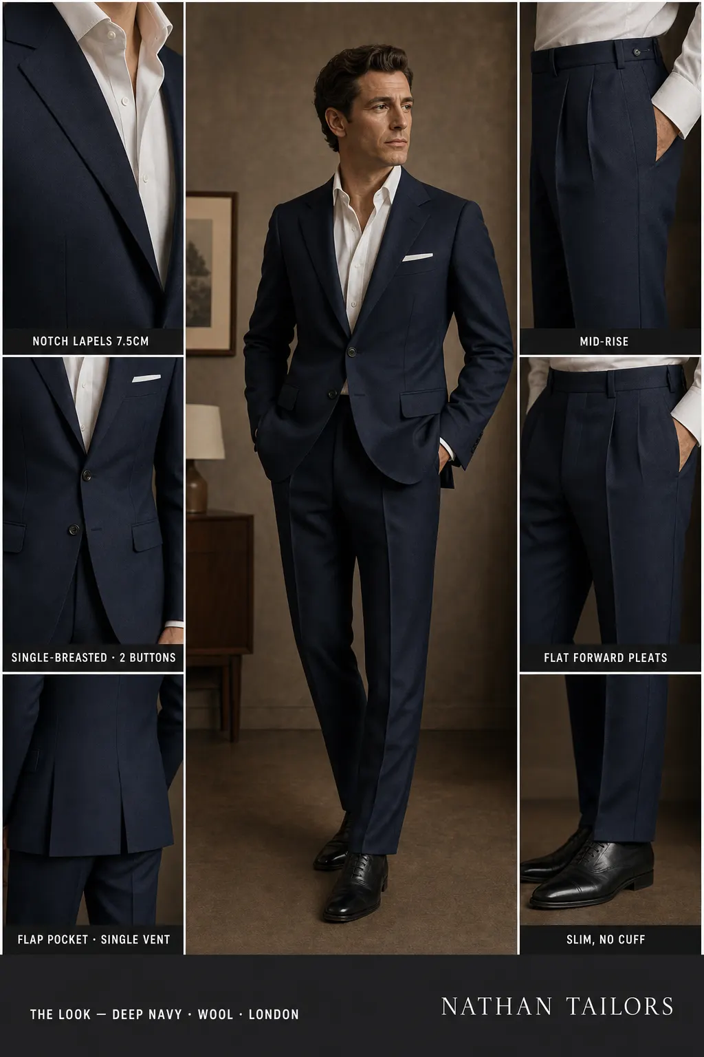 deep navy single-breasted notch-lapel bespoke suit โ AI-rendered by Nathan Tailors, the Hoi An custom tailor. Available as a custom tailored suit from $169.