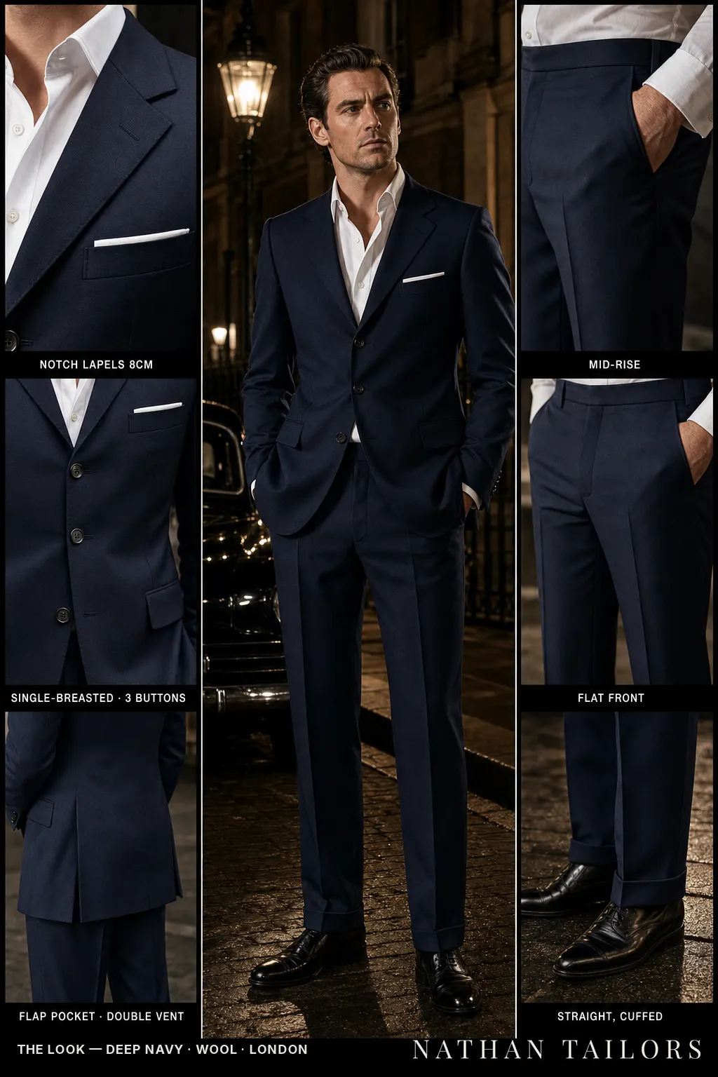 deep navy single-breasted notch-lapel bespoke suit โ AI-rendered by Nathan Tailors, the Hoi An custom tailor. Available as a custom tailored suit from $149.