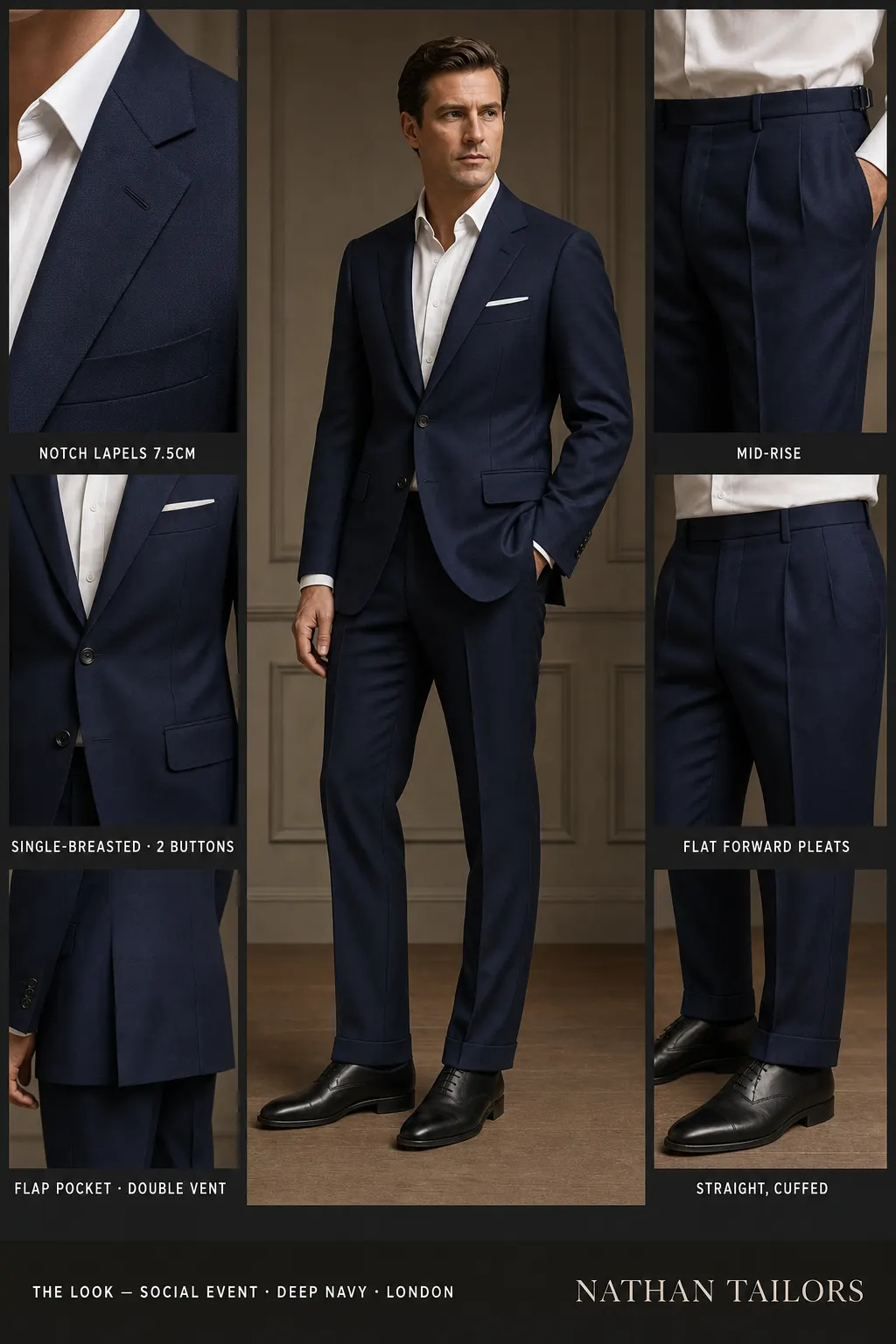 deep navy single-breasted notch-lapel bespoke suit — AI-rendered by Nathan Tailors, the Hoi An custom tailor. Available as a custom tailored suit from $149.