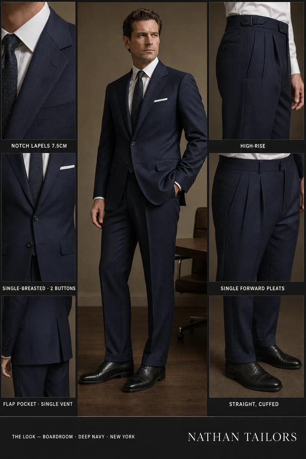 deep navy single-breasted notch-lapel bespoke suit — AI-rendered by Nathan Tailors, the Hoi An custom tailor. Available as a custom tailored suit from $149.