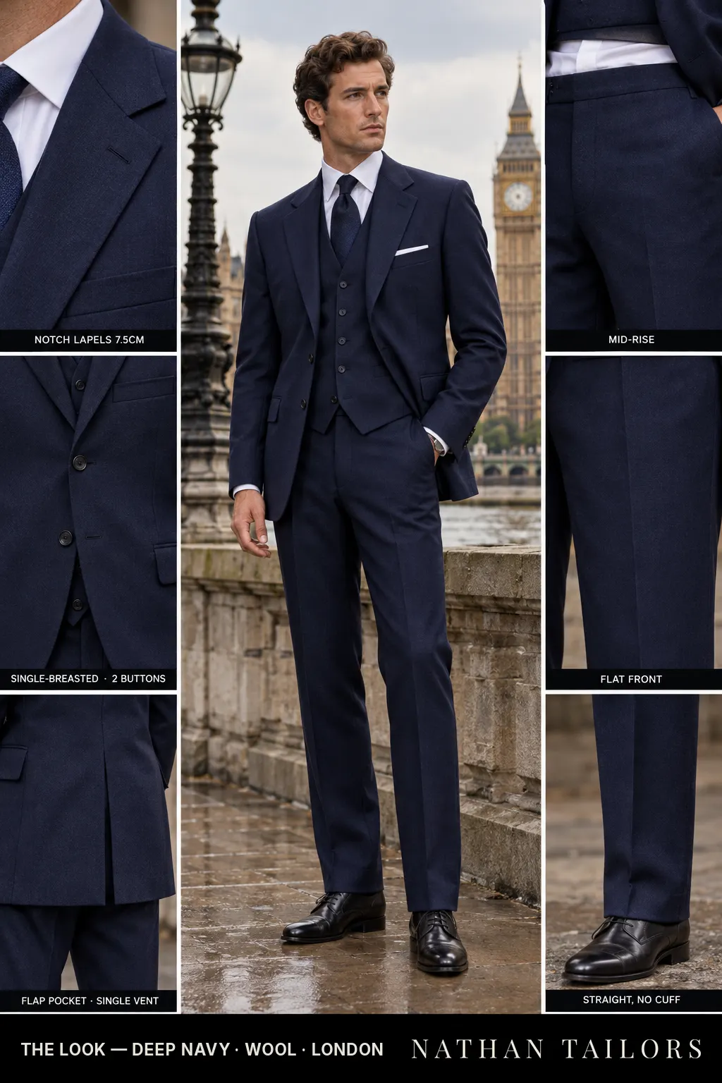 deep navy single-breasted bespoke suit — custom tailored by Nathan Tailors, the Hoi An custom tailor
