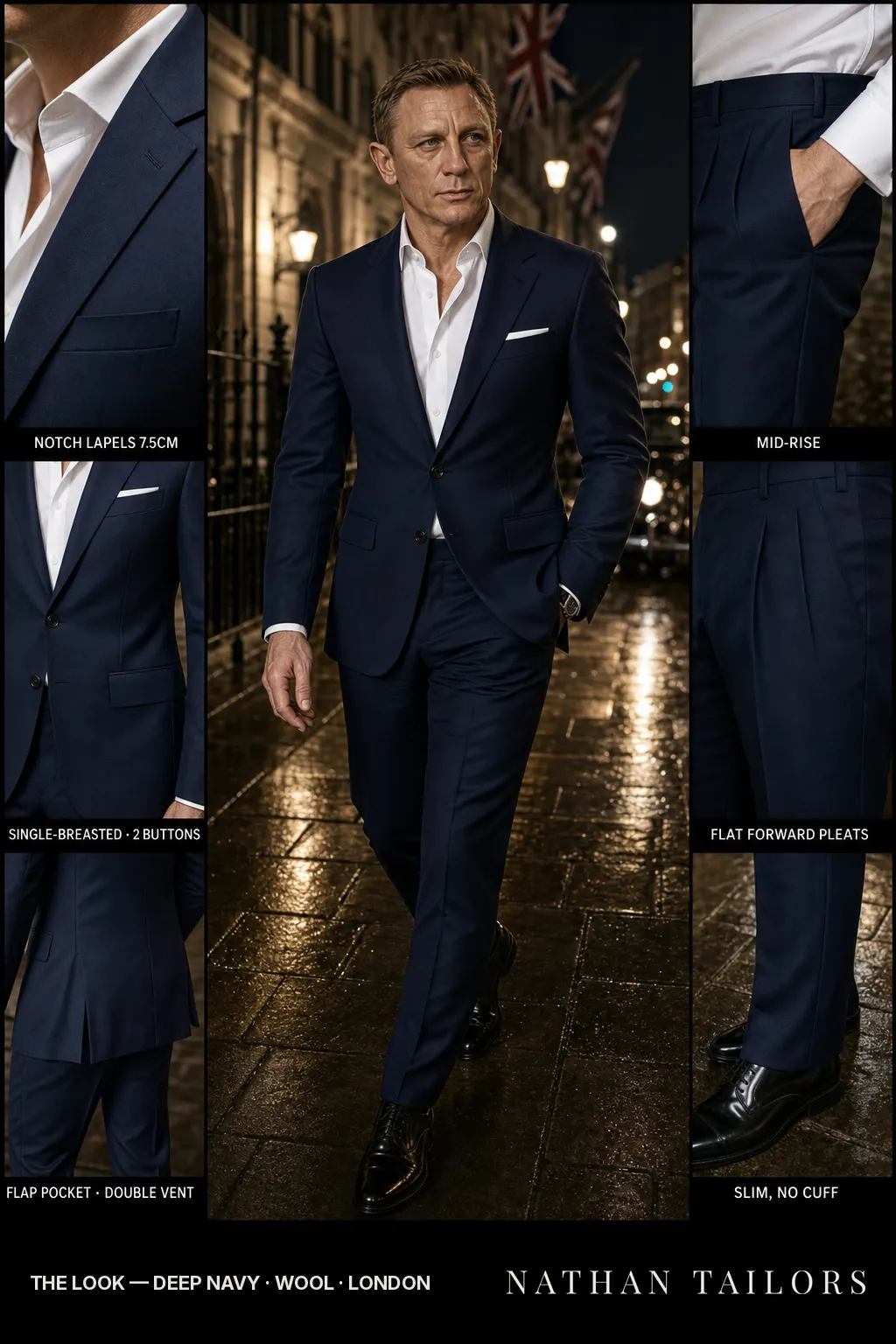 deep navy single-breasted notch-lapel bespoke suit — AI-rendered by Nathan Tailors, the Hoi An custom tailor. Available as a custom tailored suit from $149.