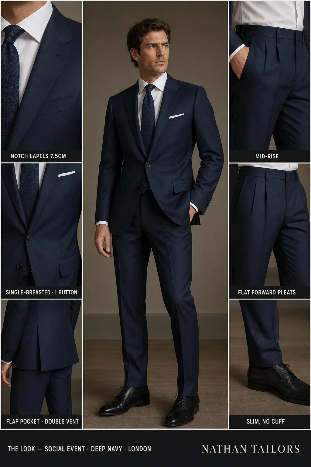deep navy single-breasted notch-lapel bespoke suit — AI-rendered by Nathan Tailors, the Hoi An custom tailor. Available as a custom tailored suit from $149.