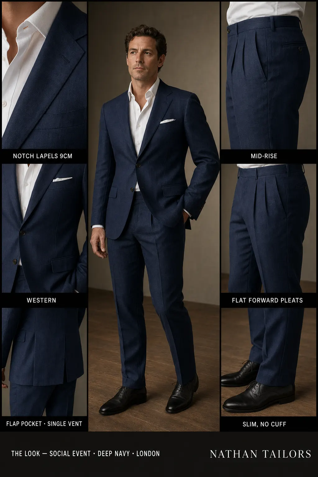 deep navy single-breasted notch-lapel bespoke suit — AI-rendered by Nathan Tailors, the Hoi An custom tailor. Available as a custom tailored suit from $149.