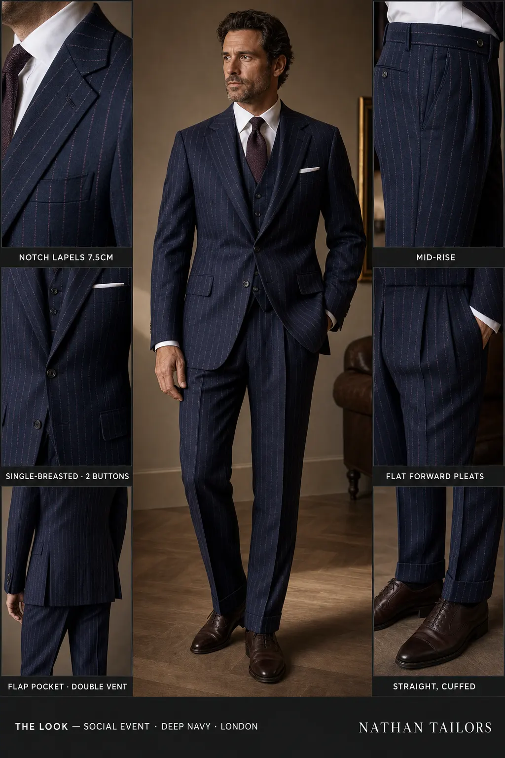 deep navy single-breasted notch-lapel bespoke suit — AI-rendered by Nathan Tailors, the Hoi An custom tailor. Available as a custom tailored suit from $149.
