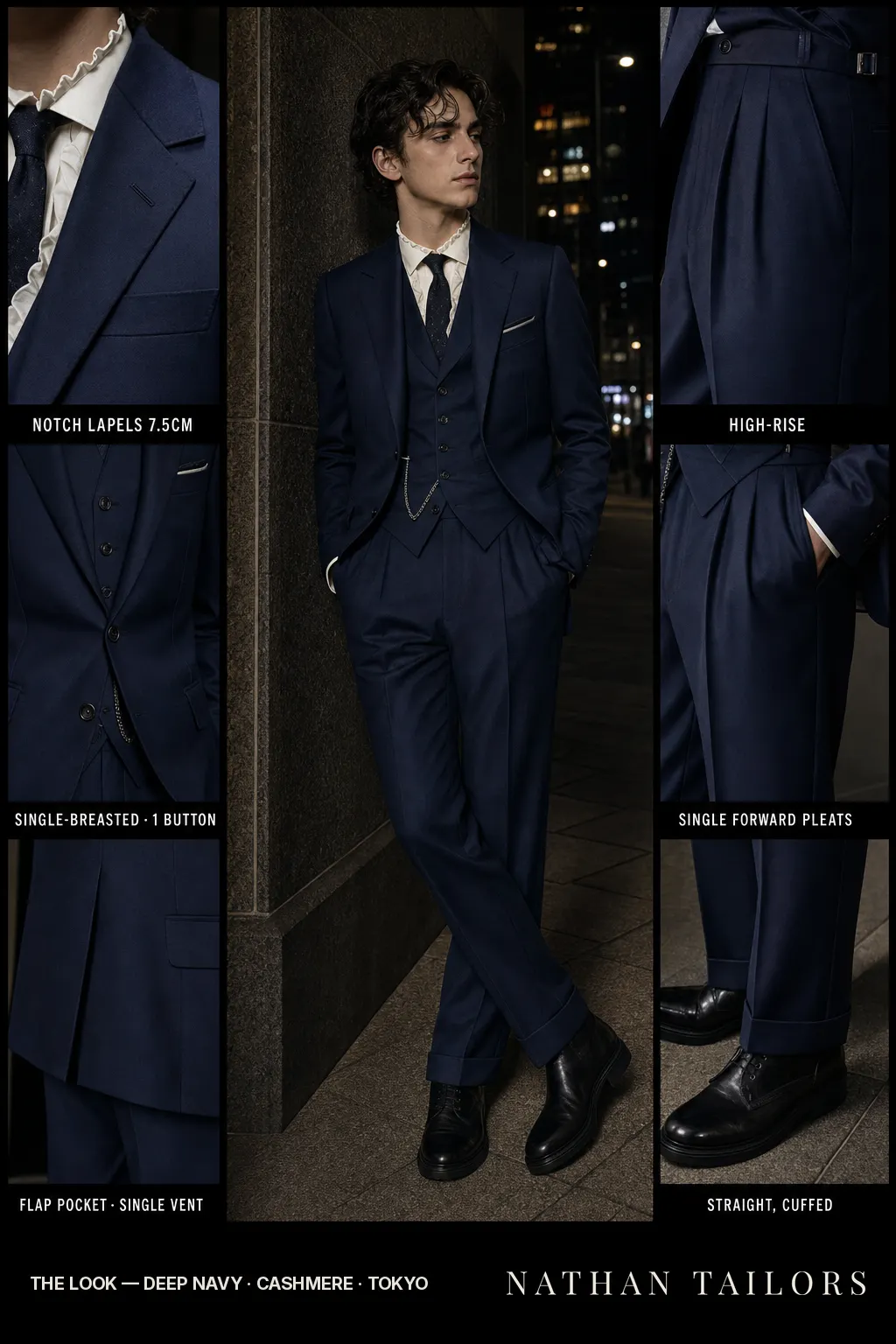 deep navy single-breasted notch-lapel bespoke suit — AI-rendered by Nathan Tailors, the Hoi An custom tailor. Available as a custom tailored suit from $149.