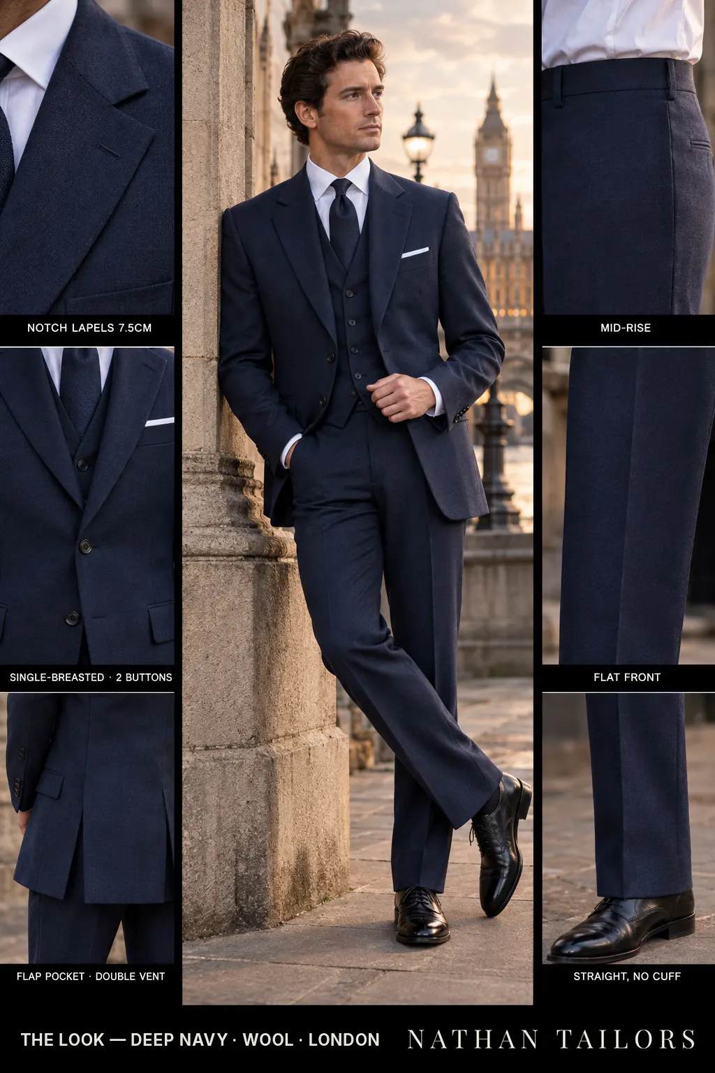 deep navy single-breasted notch-lapel bespoke suit — AI-rendered by Nathan Tailors, the Hoi An custom tailor. Available as a custom tailored suit from $149.