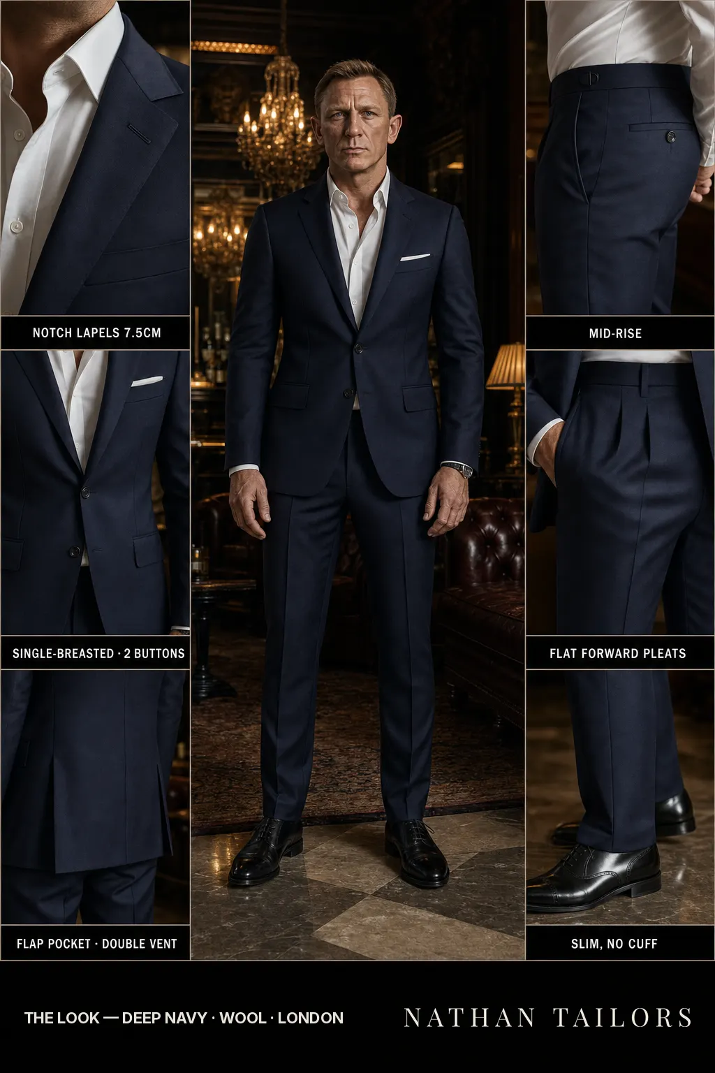 deep navy single-breasted notch-lapel bespoke suit — AI-rendered by Nathan Tailors, the Hoi An custom tailor. Available as a custom tailored suit from $149.