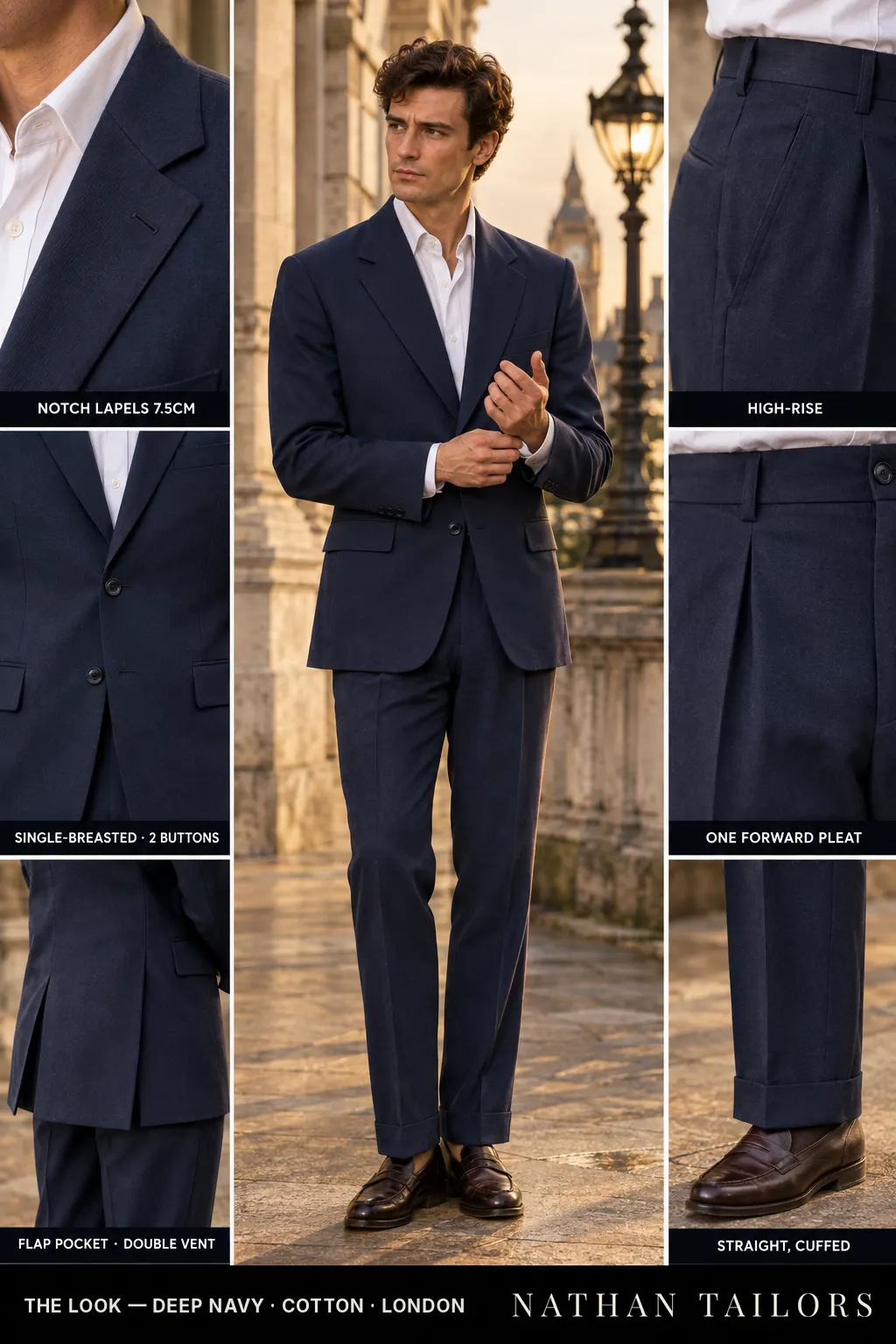 deep navy single-breasted notch-lapel bespoke suit โ AI-rendered by Nathan Tailors, the Hoi An custom tailor. Available as a custom tailored suit from $149.