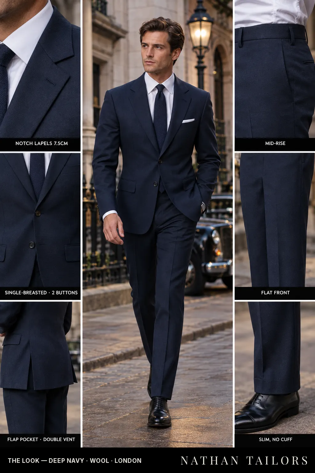 deep navy single-breasted notch-lapel bespoke suit โ AI-rendered by Nathan Tailors, the Hoi An custom tailor. Available as a custom tailored suit from $149.