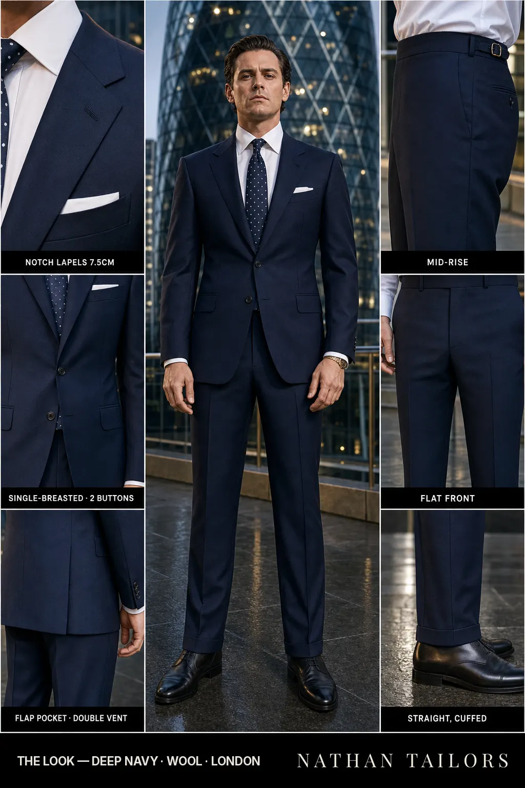 deep navy single-breasted bespoke suit — custom tailored by Nathan Tailors, the Hoi An custom tailor