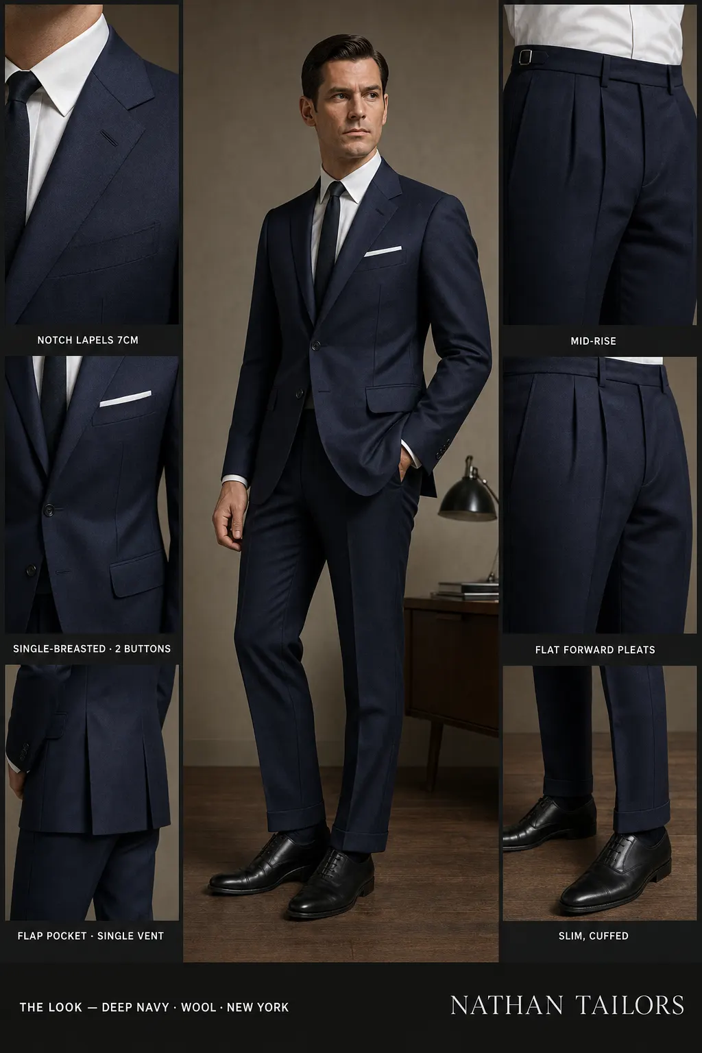 deep navy single-breasted notch-lapel bespoke suit โ AI-rendered by Nathan Tailors, the Hoi An custom tailor. Available as a custom tailored suit from $149.