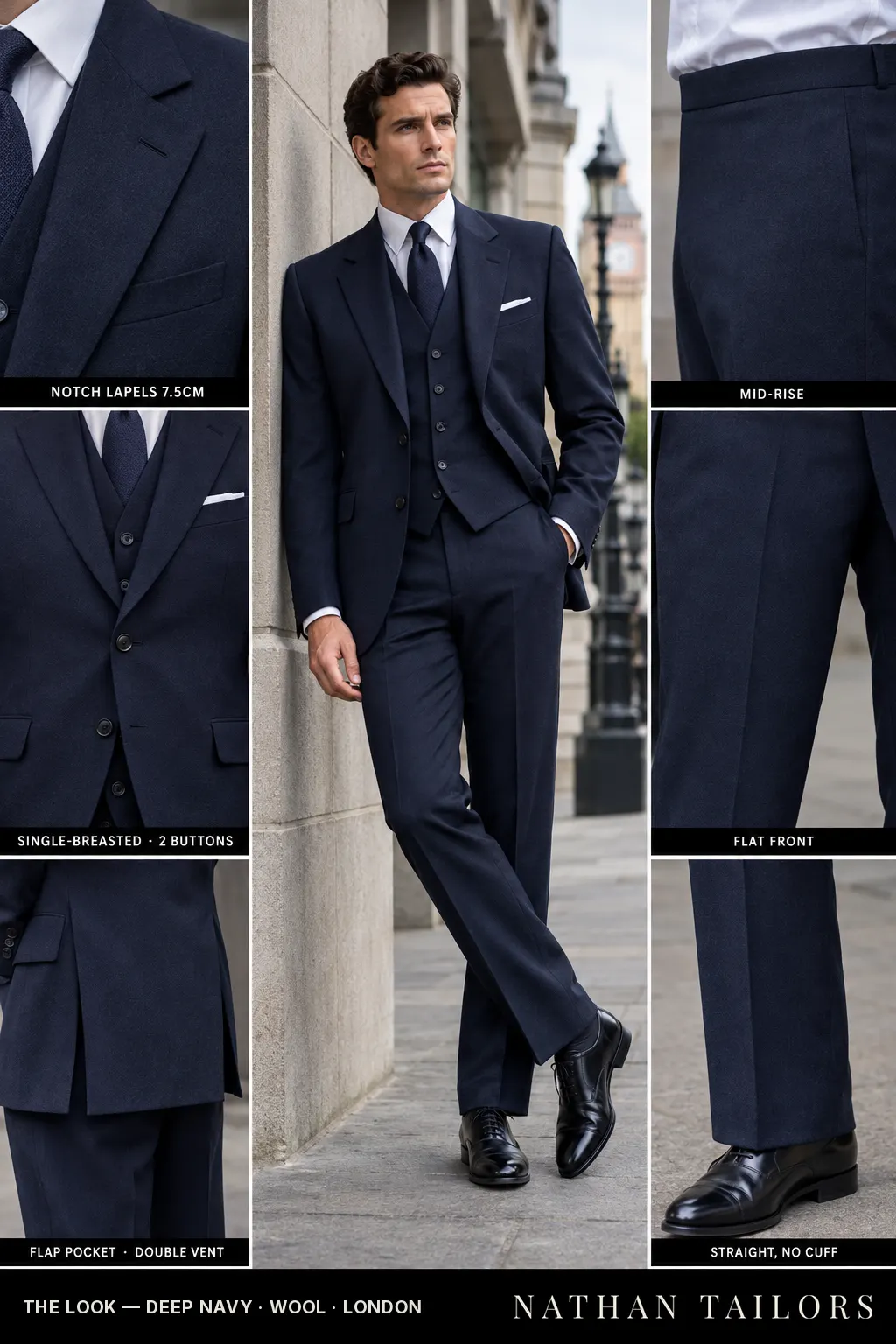 deep navy single-breasted bespoke suit โ custom tailored by Nathan Tailors, the Hoi An custom tailor