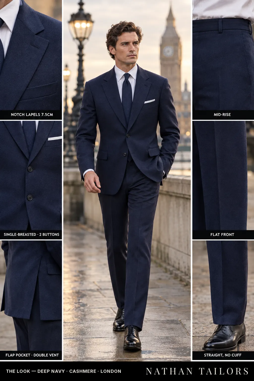 deep navy single-breasted bespoke suit — custom tailored by Nathan Tailors, the Hoi An custom tailor
