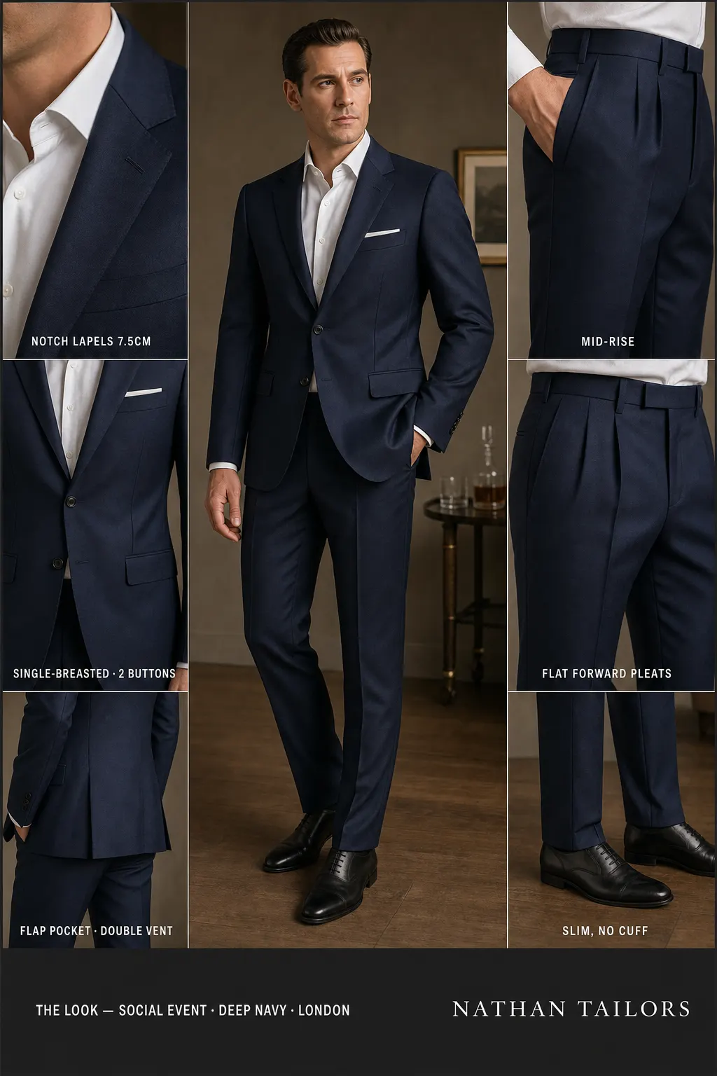 deep navy single-breasted notch-lapel bespoke suit — AI-rendered by Nathan Tailors, the Hoi An custom tailor. Available as a custom tailored suit from $149.