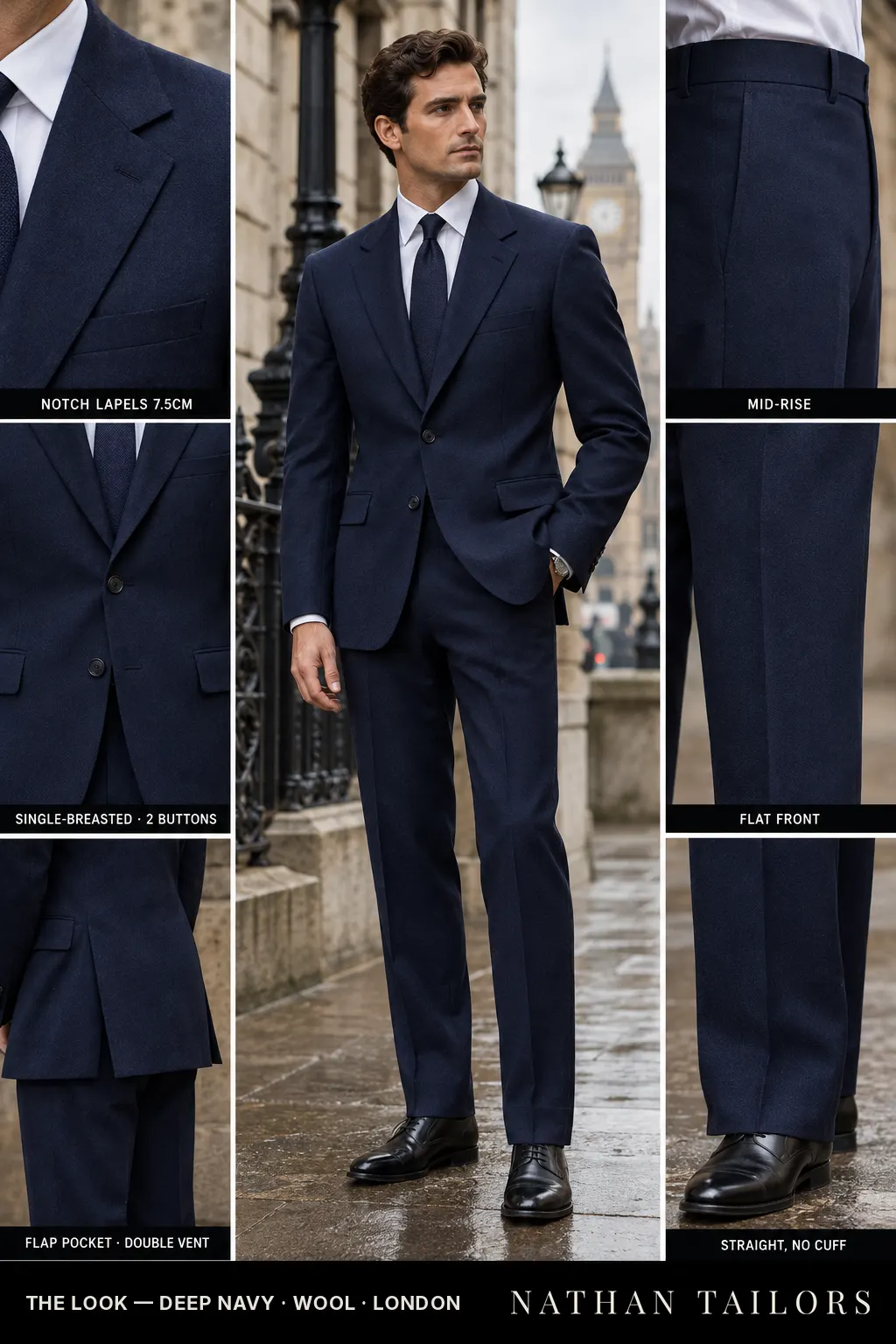 deep navy single-breasted bespoke suit — custom tailored by Nathan Tailors, the Hoi An custom tailor