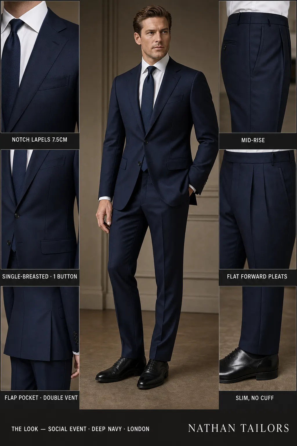 deep navy single-breasted notch-lapel bespoke suit — AI-rendered by Nathan Tailors, the Hoi An custom tailor. Available as a custom tailored suit from $149.