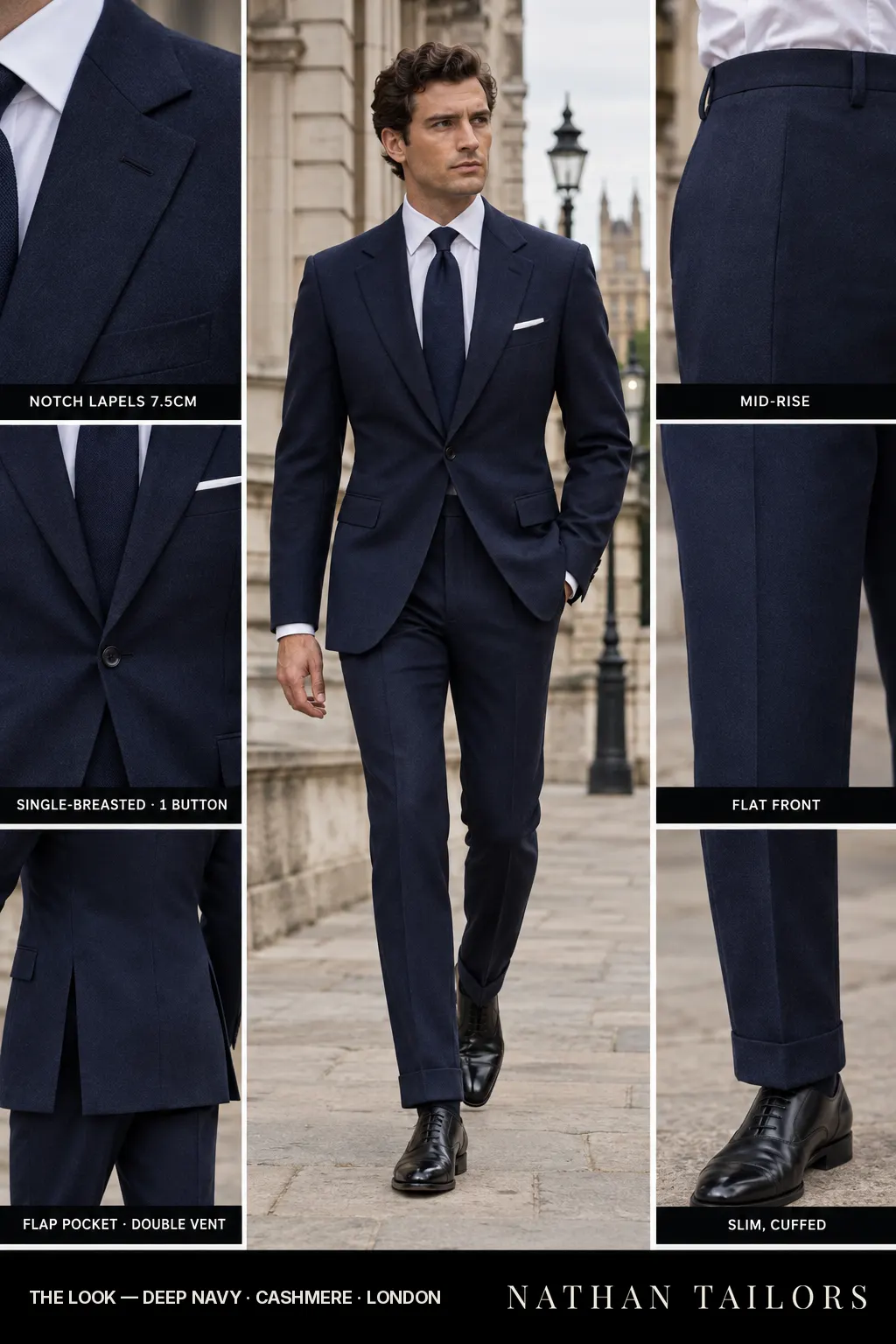deep navy single-breasted bespoke suit — custom tailored by Nathan Tailors, the Hoi An custom tailor