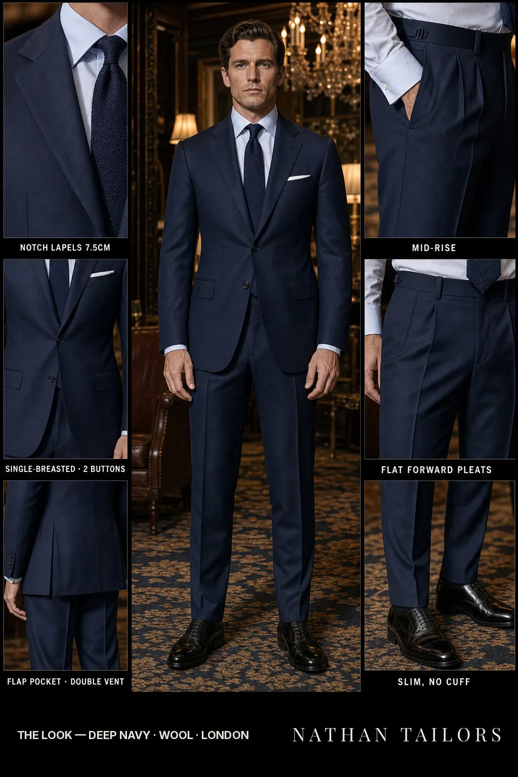 deep navy single-breasted notch-lapel bespoke suit — AI-rendered by Nathan Tailors, the Hoi An custom tailor. Available as a custom tailored suit from $169.