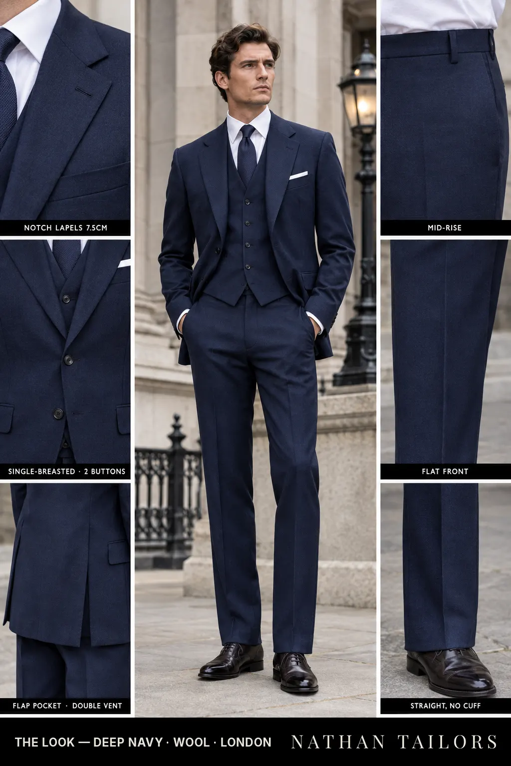 deep navy single-breasted notch-lapel bespoke suit โ AI-rendered by Nathan Tailors, the Hoi An custom tailor. Available as a custom tailored suit from $149.