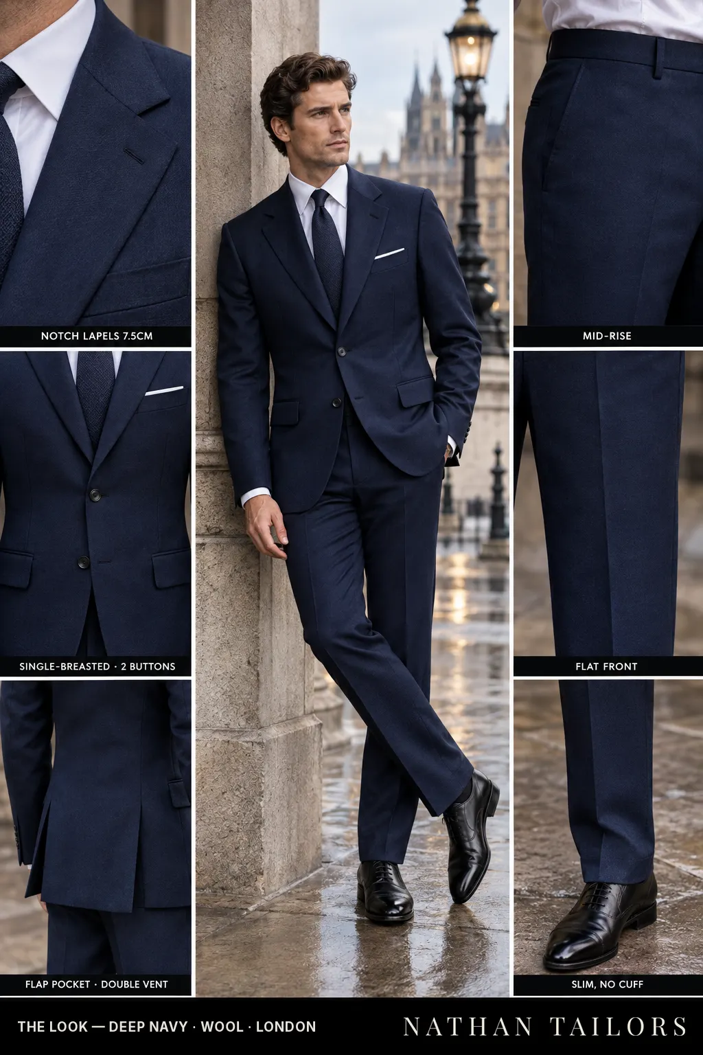 deep navy single-breasted bespoke suit โ custom tailored by Nathan Tailors, the Hoi An custom tailor