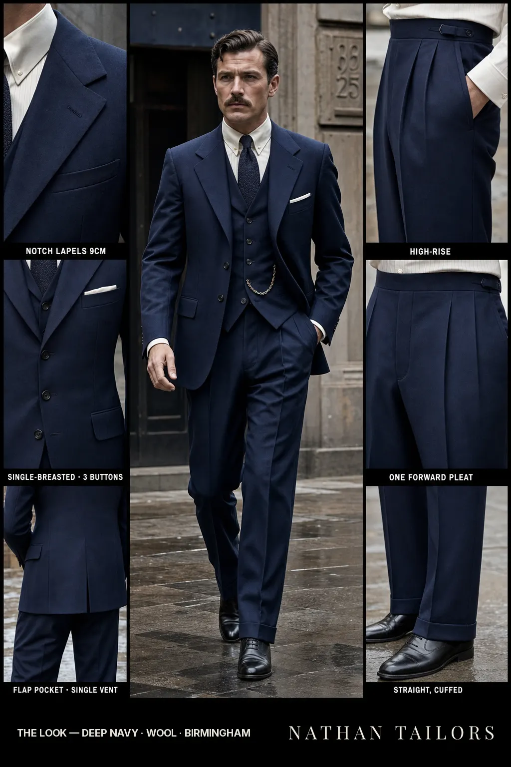 deep navy single-breasted bespoke suit — custom tailored by Nathan Tailors, the Hoi An custom tailor