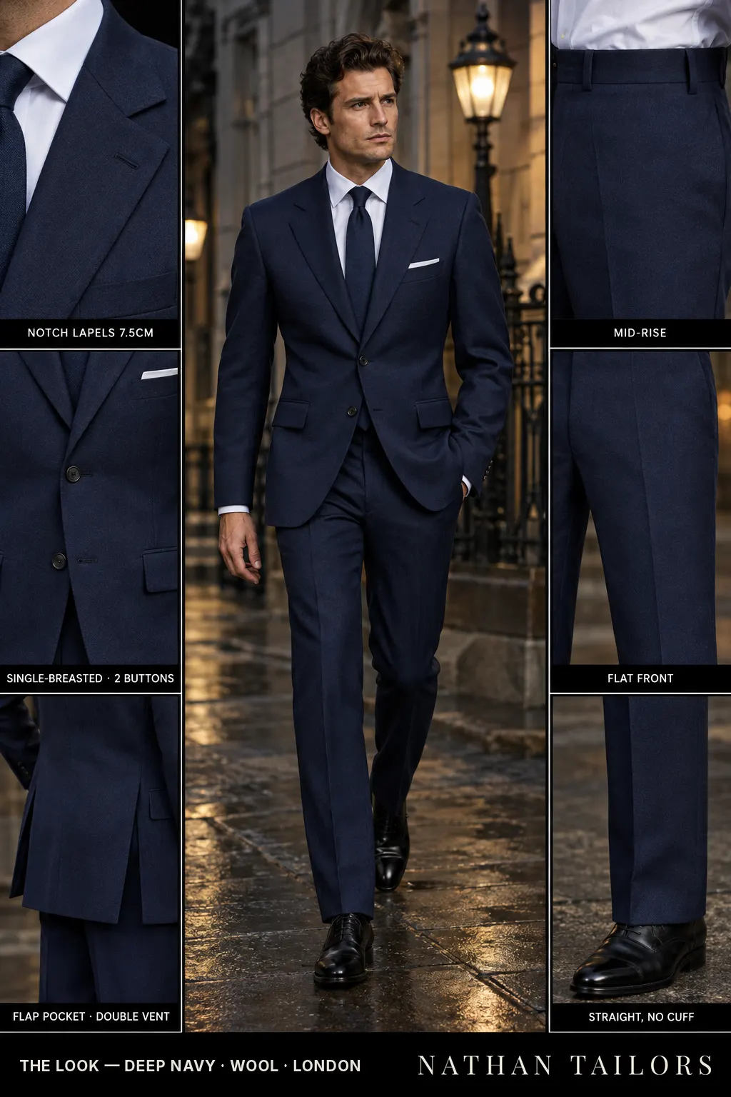 deep navy single-breasted bespoke suit โ custom tailored by Nathan Tailors, the Hoi An custom tailor