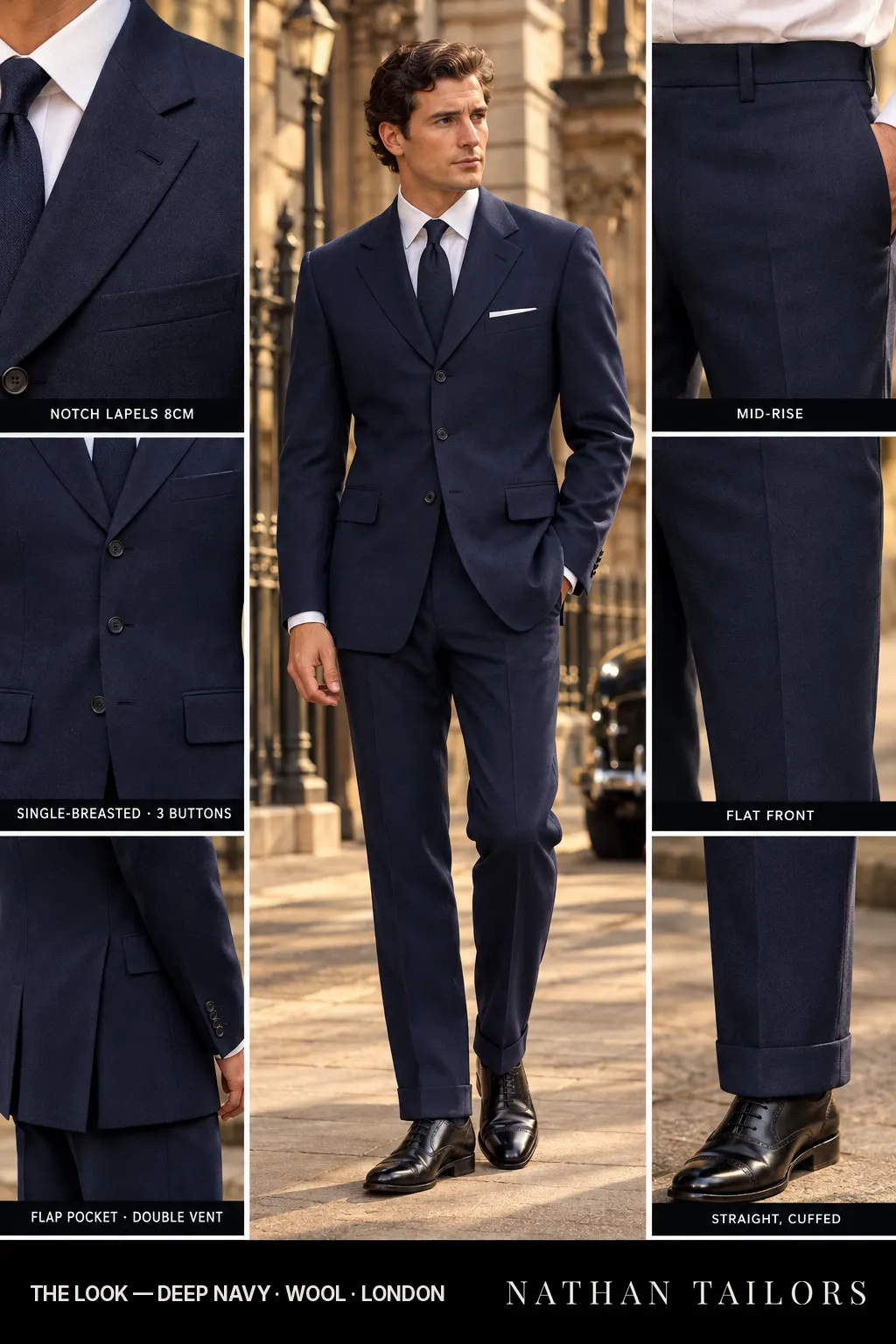 deep navy single-breasted bespoke suit โ custom tailored by Nathan Tailors, the Hoi An custom tailor