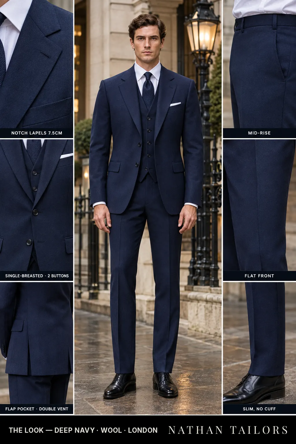 deep navy single-breasted bespoke suit — custom tailored by Nathan Tailors, the Hoi An custom tailor
