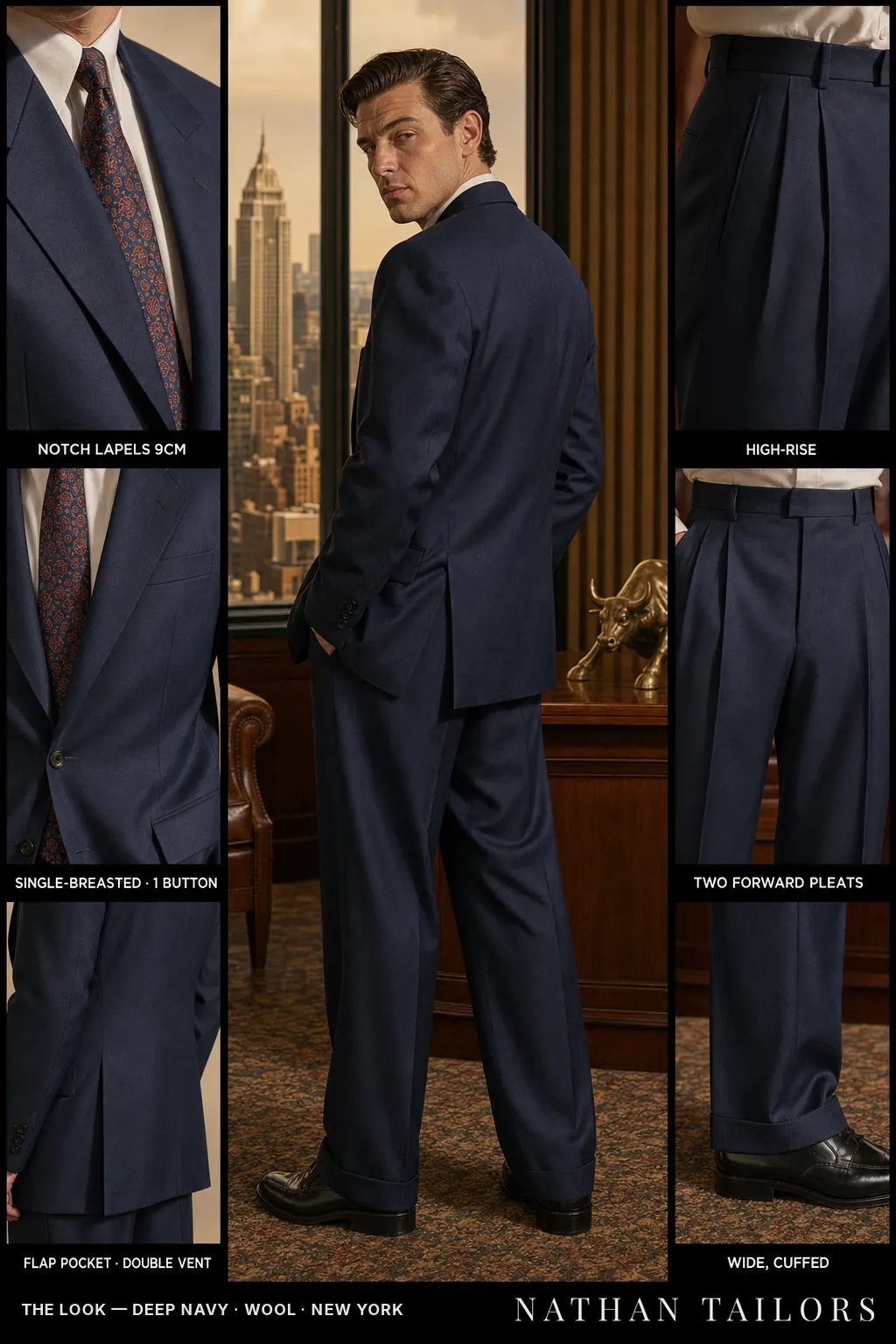 deep navy single-breasted notch-lapel bespoke suit — AI-rendered by Nathan Tailors, the Hoi An custom tailor. Available as a custom tailored suit from $149.