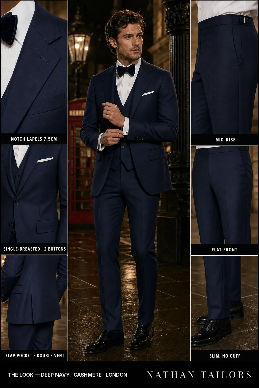 deep navy single-breasted notch-lapel bespoke suit โ AI-rendered by Nathan Tailors, the Hoi An custom tailor. Available as a custom tailored suit from $149.