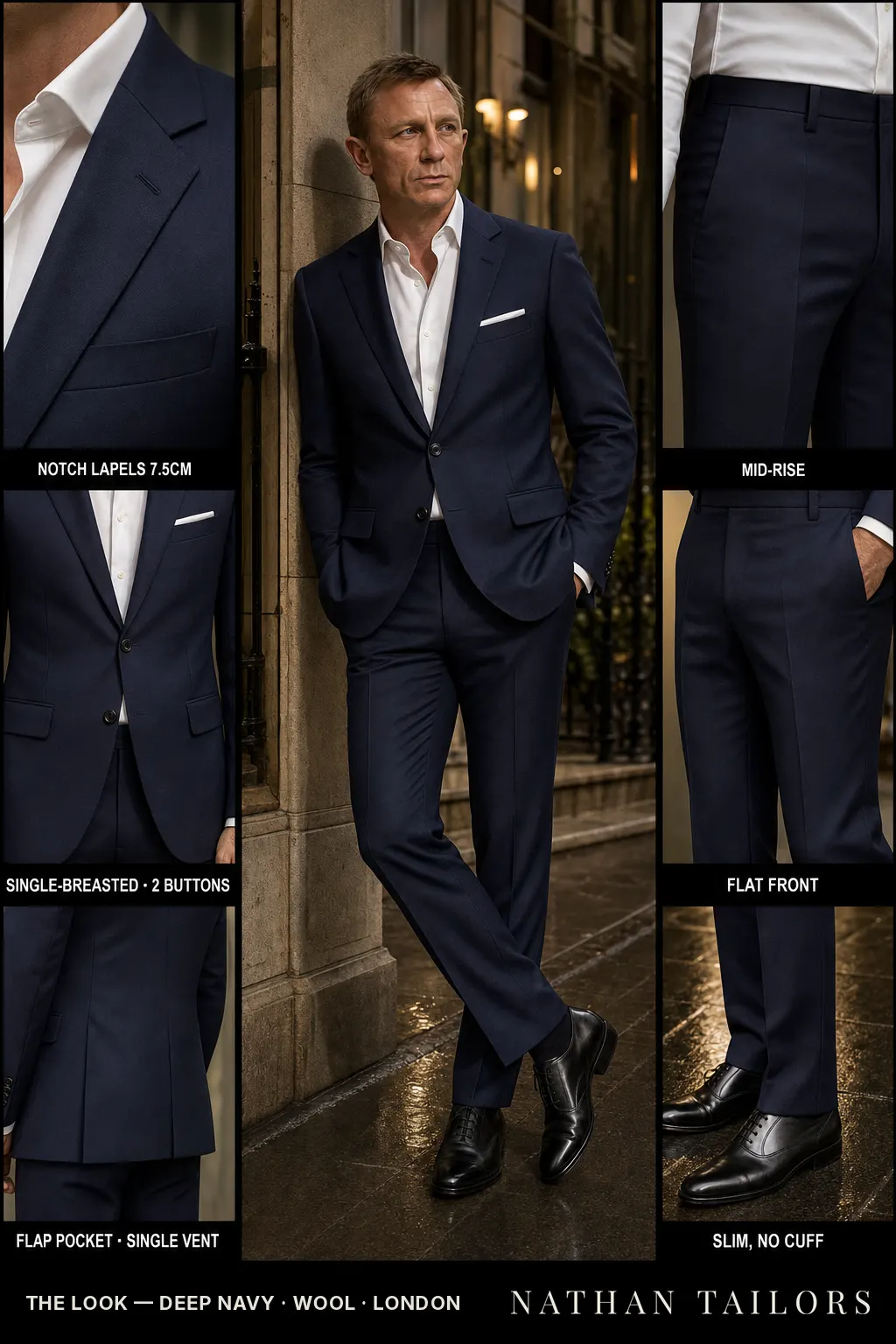 deep navy single-breasted notch-lapel bespoke suit — AI-rendered by Nathan Tailors, the Hoi An custom tailor. Available as a custom tailored suit from $149.