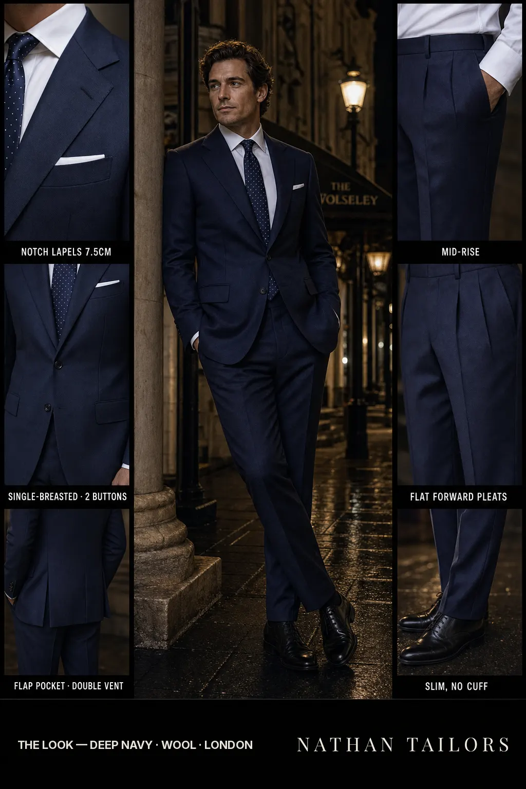 deep navy single-breasted notch-lapel bespoke suit — AI-rendered by Nathan Tailors, the Hoi An custom tailor. Available as a custom tailored suit from $149.