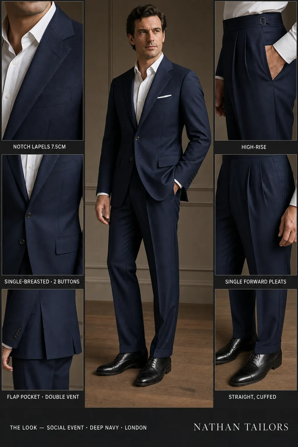 deep navy single-breasted notch-lapel bespoke suit — AI-rendered by Nathan Tailors, the Hoi An custom tailor. Available as a custom tailored suit from $149.