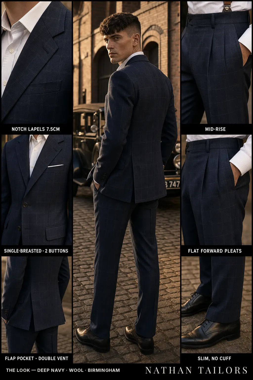 deep navy single-breasted notch-lapel bespoke suit — AI-rendered by Nathan Tailors, the Hoi An custom tailor. Available as a custom tailored suit from $149.