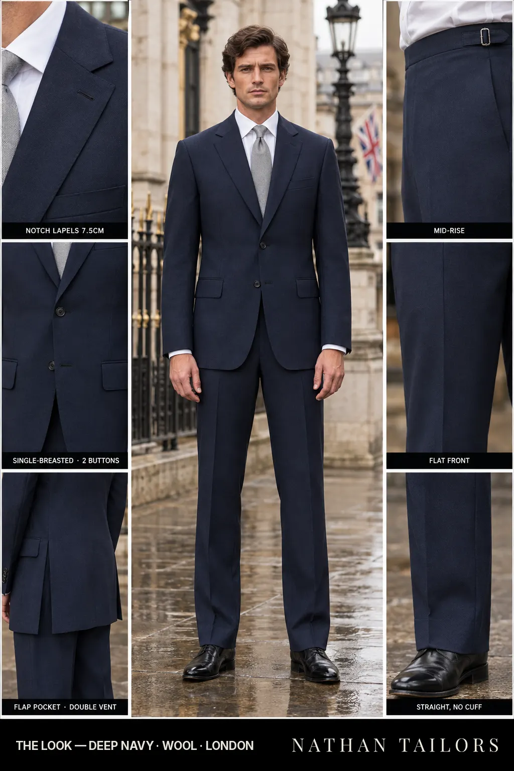 deep navy single-breasted bespoke suit โ custom tailored by Nathan Tailors, the Hoi An custom tailor