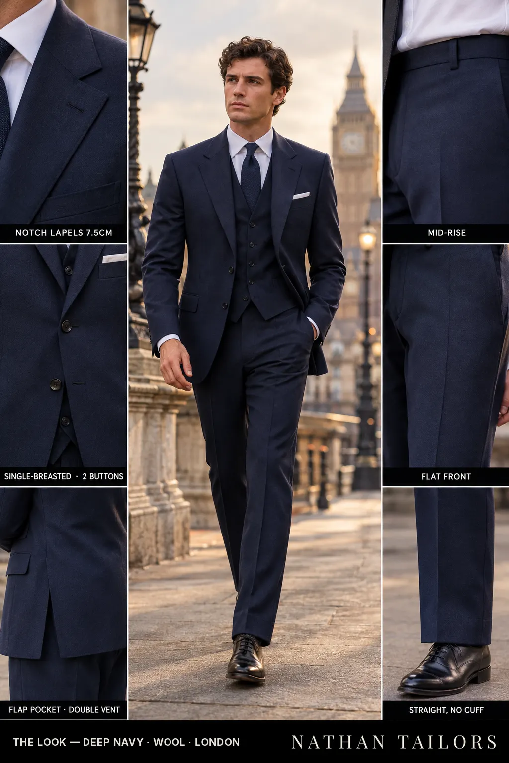 deep navy single-breasted notch-lapel bespoke suit — AI-rendered by Nathan Tailors, the Hoi An custom tailor. Available as a custom tailored suit from $169.