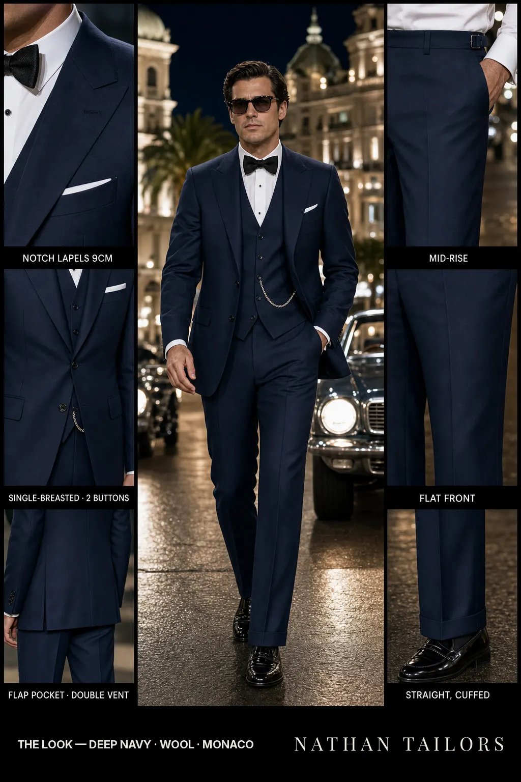 deep navy single-breasted notch-lapel bespoke suit — AI-rendered by Nathan Tailors, the Hoi An custom tailor. Available as a custom tailored suit from $149.