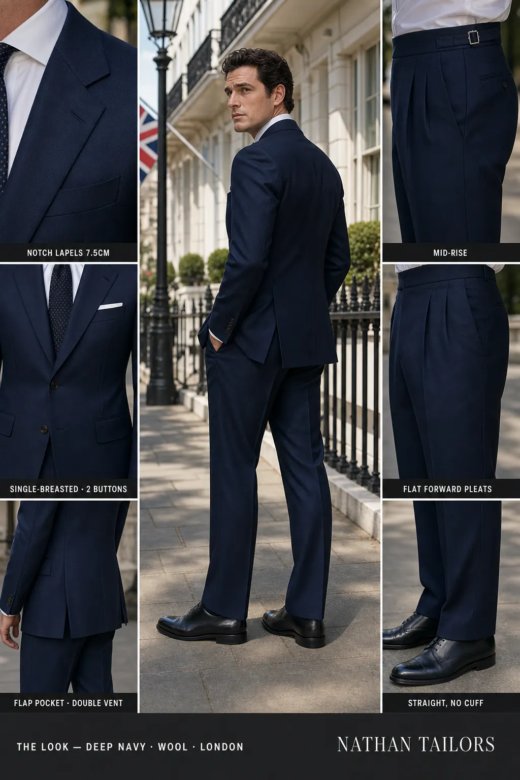 deep navy single-breasted notch-lapel bespoke suit — AI-rendered by Nathan Tailors, the Hoi An custom tailor. Available as a custom tailored suit from $169.