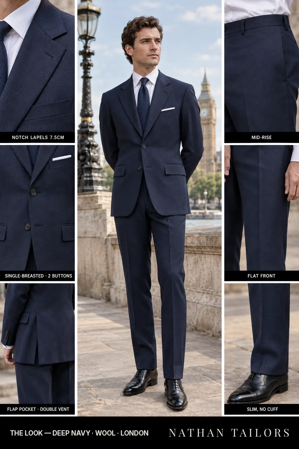 deep navy single-breasted bespoke suit โ custom tailored by Nathan Tailors, the Hoi An custom tailor